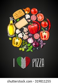 Colorful circle made of ingredients for pizza