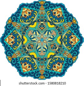 Colorful circle mandala. Relax and meditation poster, yoga page.  coloring page for adult. Aqua Menthe, blue, yellow and purple color. 