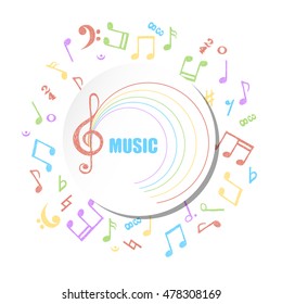 Colorful circle music background. Vector musical illustration with hand drawn notes. 