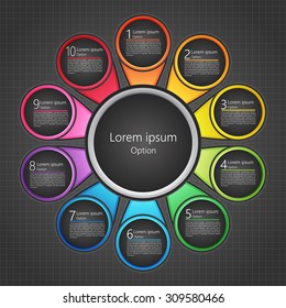 Colorful Circle With Number and Information Text, Colorful Circles with Main Idea on Abstract Black Background, 10 Options, Workflow/Element Layout Design. Vector Illustration.