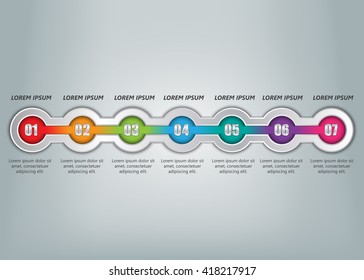 Colorful Circle With Number and Information Text, Metallic Color, 7 Options, Timeline/Workflow/Element Layout Design, Vector Illustration