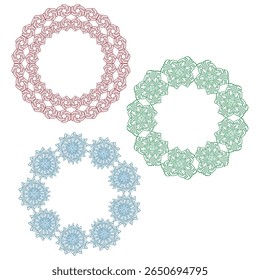 Colorful circle ornaments. Floral lace design. Abstract round pattern. Decorative vector frames.