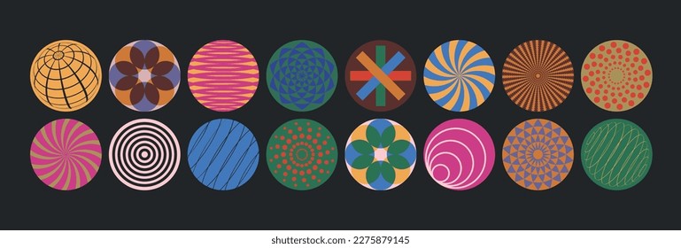 Colorida colección de iconos de patrón de círculo. Estilo retro. Ilustración del vector