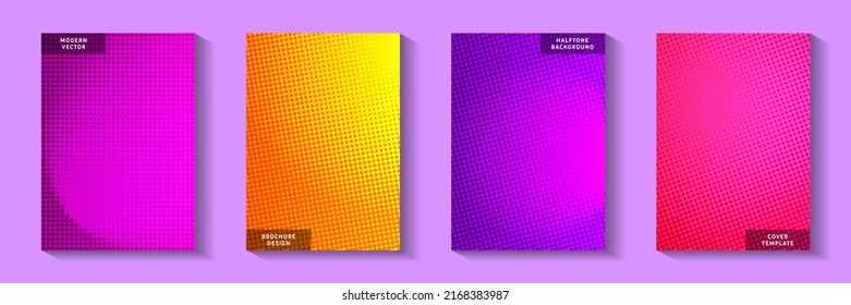 Colorful circle perforated halftone cover page templates vector kit. Scientific brochure faded halftone backgrounds. Vintage cartoon comics style front page layouts. Line art design.