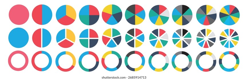 Colorful Circle Pie Chart Set. Infographic Diagram with 2-12 Sections, Set of pie chart diagram. Flat Process Cycle, Progress Sectors, Data Analysis, Business, UI and Web Design Vector Illustration