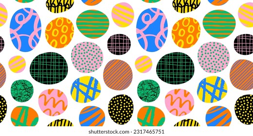 Colorful circle polka dot seamless pattern with collage art texture. Modern contemporary art background, round geometric shape hand drawn print, maximalist graffiti paint wallpaper.