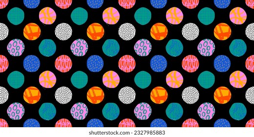 Colorful circle polka dot seamless pattern with collage art texture. Modern contemporary art background, round geometric shape hand drawn print, maximalist graffiti paint wallpaper.