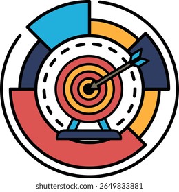 A colorful circle with a red arrow pointing to a target. The circle is divided into different colored sections, and the target is located in the center. Concept of focus and determination