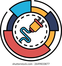 Um círculo colorido com uma linha vermelha, azul e amarela no meio. A linha é um cabo de alimentação