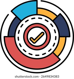 A colorful circle with a red check mark in the center. The circle is divided into four sections, each with a different color