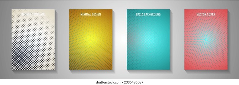 Colorful circle screen tone gradation cover templates vector set. Corporate banner faded screen tone backdrops. Vintage cartoon comics style cover page leaflets. Rectangle folders.