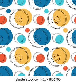 Colorful Circle Seamless Pattern for Kids Fashion. Vector Childish Abstract Geometric Multicolor Background with Hand Drawn Doodle Circles