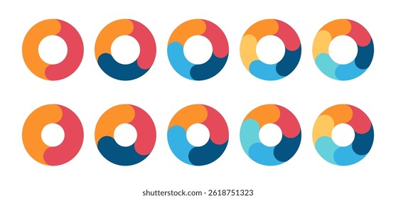 Colorful circle segmentation template. Diagram infographics set. 2, 3, 4, 5, and 6 parts. Representing data visualiation, statistics, progress. Business analytics for presentation and infographics.