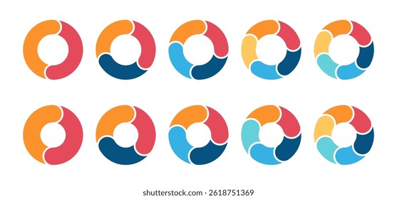 Colorful circle segmentation template. Diagram infographics set. 2, 3, 4, 5, and 6 parts. Representing data visualiation, statistics, progress. Business analytics for presentation and infographics.