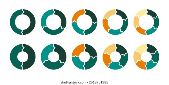 Colorful circle segmentation template. Diagram infographics set. 2, 3, 4, 5, and 6 parts. Representing data visualiation, statistics, progress. Business analytics for presentation and infographics.