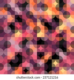 Colorful circle square geometric shapes seamless pattern. Red abstract background.