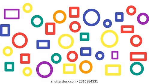 Colorful circle and square shapes on white background.