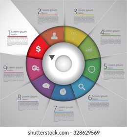 Colorful Circle with Circle Switch Control Panel  and White Highlight(Editable). 9 Options. Financial and Business Infographic, Number, Business Icon and Text Information Design. Vector Illustration.