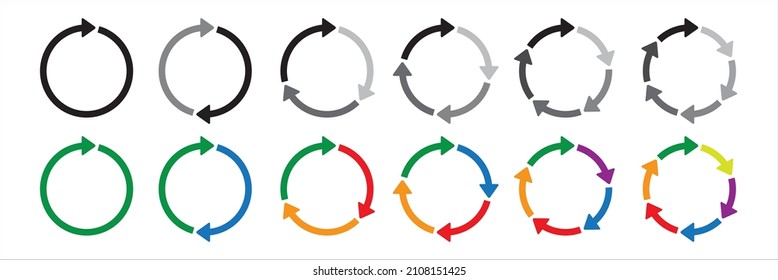 Colorful circle thin arrow icon set. Symbol of reload, refresh, loading, recycle and repeat. Interconnecting round arrow vector icons set. One, two, three, four, five, six arrow in the loop.