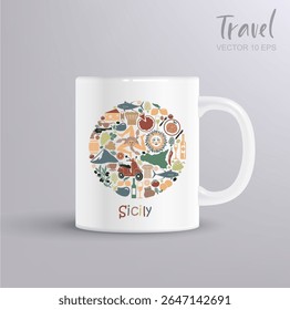 Ilustração do vetor do círculo colorido com símbolos tradicionais da Sicília incluindo o sol de Trinacria do vinho do alimento e marcos. Inclui caneca mockup. Perfeito para viagens impressões lembranças presentes e design de turismo 