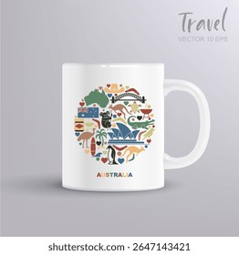 Colorful circle vector illustration with traditional Australia symbols animals and nature elements. Includes mug mockup. Perfect for travel prints souvenirs gifts tourism and Australian culture design