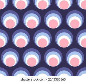Los círculos coloridos abstraen un patrón sin fisuras. Fondo vectorial nostálgico retro 70. Impresión de moda moderna para tela con elementos de grosor, diseño textil funky