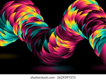 Colorful circles arranged in a 3d wave shape, abstract tech background. Glowing retro vector concept design