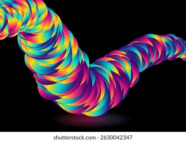 Colorful circles arranged in a 3d wave shape, abstract tech background. Glowing retro vector concept design