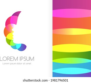 Colorful circles with beauty female logo. Woman face with decoration elements. Abstract emblem for salon, cosmetic or makeup design.