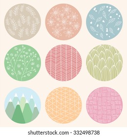 Colorful circles with flower and line patterns, vector illustration