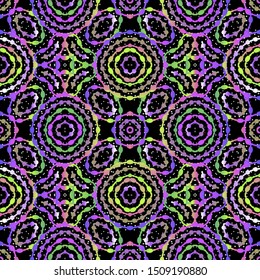 Colorful circles geometric vector seamless pattern. Dotted ornamental bright background. Decorative repeat backdrop. Abstract geometrical ornament with shapes, circles, dots. Endless ornate texture.