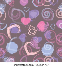colorful Circles and Hearts. Grunge shapes. Textured seamless pattern with design elements. 
