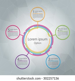 Colorful Circles With Number and Information Text, 5 Options, Polygonal Abstract Background, Workflow/Element Layout Design. Vector Illustration