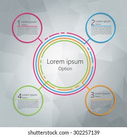 Colorful Circles With Number and Information Text, 4 Options, Polygonal Abstract Background, Workflow/Element Layout Design. Vector Illustration