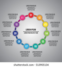 Colorful Circles With Number and Information Text, 11 Options, Workflow/Element Layout Design. Vector Illustration