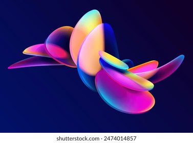 Colorful circles and ovals. 3D geometric shapes in glass morphism style. Abstract vector design elements.