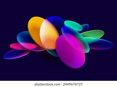 Colorful circles and  ovals. Art geometric shapes in glass morphism style. Abstract vector design elements.