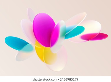 Colorful circles and ovals. Art geometric shapes in glass morphism style. Abstract vector design elements.