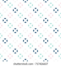 Colorful circles seamless pattern. Fashionable geometric background in trendy colors: pink, navy, light grey, mint, white. Simple rounded shapes texture. Minimalist design for decor, textile, prints 