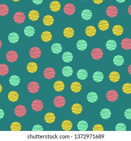 Colorful circles seamless pattern. Geometric background in trendy colors: pale pink, navy blue, mint, coral. Different textures of circles. Design for prints, posters, fabrics, paper packaging