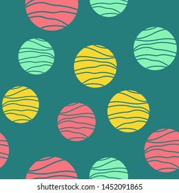 Colorful circles seamless pattern. Geometric background in trendy colors: pale pink, navy blue, mint, coral. Different textures of circles. Design for prints, posters, fabrics, paper packaging