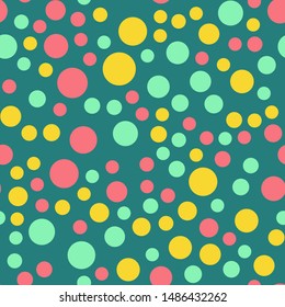 Colorful circles seamless pattern. Geometric background in trendy colors: pale pink, navy blue, mint, coral. Different textures of circles. Design for prints, posters, fabrics, paper packaging