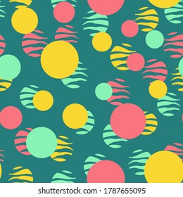 Los círculos coloridos son un patrón sin fisuras. Fondo geométrico en colores de moda: rosa pálido, azul marino, menta, coral. Diferentes texturas de círculos. Diseño para impresiones, carteles, tejidos, embalaje de papel