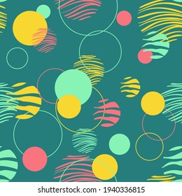 Los círculos coloridos son un patrón sin fisuras. Fondo geométrico en colores de moda: rosa pálido, azul marino, menta, coral. Diferentes texturas de círculos. Diseño para impresiones, carteles, tejidos, embalaje de papel