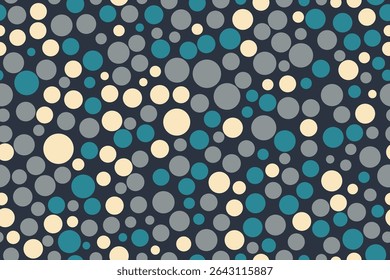 Colorful circles seamless pattern with playful round shapes in soft beige and blue tones on a dark background for abstract design and decoration