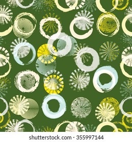 colorful Circles and spirals. Grunge shapes. Textured seamless pattern with design elements. 