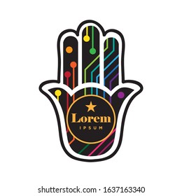 Colorful circuit board inside "Hand of God", Ancient Middle Eastern amulet, vector label template
