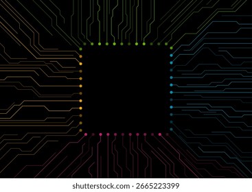 Colorful circuit board lines abstract futuristic tech drawing on black background. Vector CPU chip digital art design
