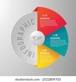 Infografía circular colorida de 3 pasos. Diseño de infografía para tus datos de negocio con 3 opciones, para cronogramas o procesos. Diseño de visualización de datos empresariales de Vector