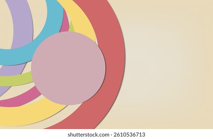 Colorful circular arcs overlap on a soft beige background, creating a dynamic, harmonious abstract design with a central muted pink circle adding visual balance and depth.
